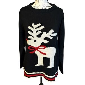 Reindeer Sweater Knit Holiday Striped Accent Crew Neck Black Size M